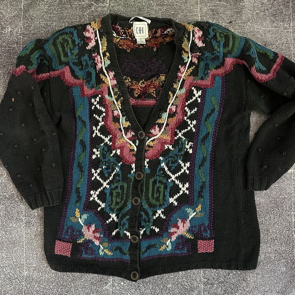 Women's Vintage 90's CHU Hand Knit Floral All Over Print Cardigan Sweater Sz L